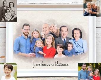 Custom Watercolor Family Portrait From Merging Multiple Photos, Personalized Gifts, Loss of Loved Ones, Deceased Portrait