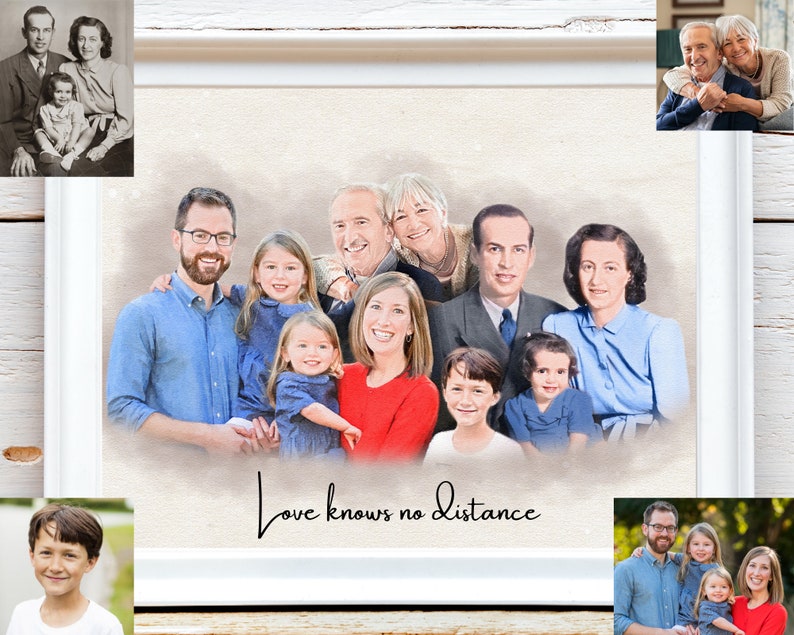 Christmas Gift, Custom Watercolor Family Portrait From Merging Multiple Photos, Personalized Gifts, Loss of Loved Ones, Deceased Portrait 