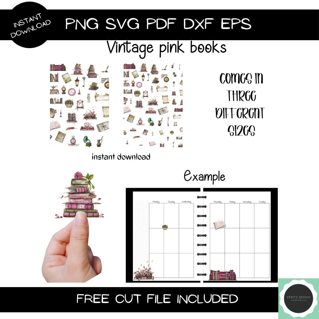 Vintage Pink Book Printable Stickers PDF PNG SVG Dxf Eps - Etsy