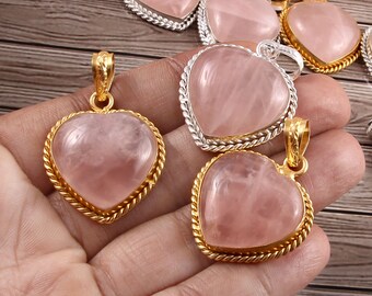 Rose Quartz Heart Pendant, Gemstone Heart Pendant, Rose Quartz Heart Charm,Rose Quartz,Valentines Day Gift for women,Jewellery, Heart Chakra
