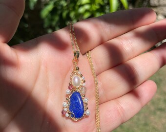 Lapis Lazuli Wire Wrapped Pendant | Freshwater Pearl Prehnite Zirconia Pendant Necklace Jewelry
