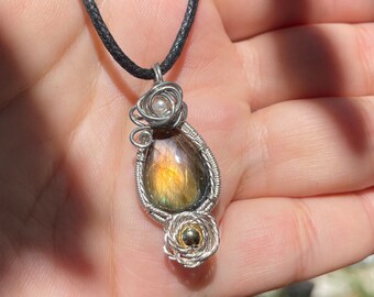 Labradorite Wire Wrapped Pendant | Rose Garden Teardrop