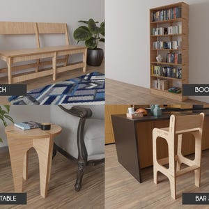 Pu&ograve; includere: Un set di quattro mobili in legno: una panca, una libreria, un tavolino da caff&egrave; e uno sgabello da bar. Tutti i pezzi sono realizzati in legno chiaro e hanno un design semplice e moderno.