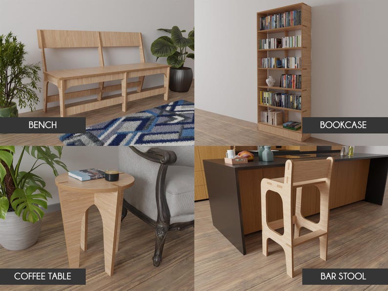 Pu&ograve; includere: Un set di quattro mobili in legno: una panca, una libreria, un tavolino da caff&egrave; e uno sgabello da bar. Tutti i pezzi sono realizzati in legno chiaro e hanno un design semplice e moderno.