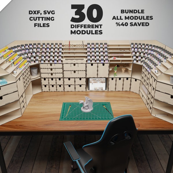 Bundle de boîtes de rangement de table pour atelier de loisirs modulaires, lot de 30 modules, fichiers SVG DXF de découpe laser, boîtes d'atelier modulaires bricolage pour passe-temps