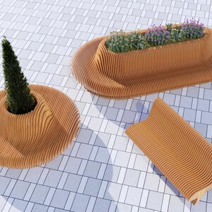 May include: Three wooden benches with curved, slatted designs. The bench on the left has a circular shape and a small tree growing in the center. The bench in the middle is oval-shaped and has a planter with purple flowers. The bench on the right is a long, narrow bench with a curved shape.