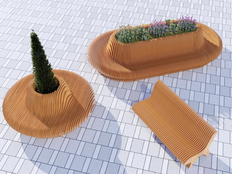 May include: Three wooden benches with curved, slatted designs. The bench on the left has a circular shape and a small tree growing in the center. The bench in the middle is oval-shaped and has a planter with purple flowers. The bench on the right is a long, narrow bench with a curved shape.