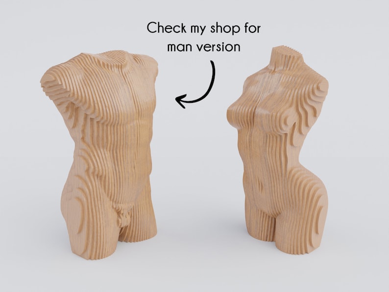May include: Two wooden sculptures of human torsos, one with a more feminine form and the other with a more masculine form. The sculptures are made of layered wood and have a natural wood finish.