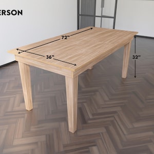 May include: A light wood dining table with a rectangular top, 72 inches long and 36 inches wide. The table has four legs, each 32 inches tall. The table is labeled "6 PERSON".