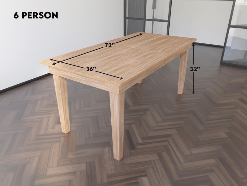 May include: A light wood dining table with a rectangular top, 72 inches long and 36 inches wide. The table has four legs, each 32 inches tall. The table is labeled "6 PERSON".