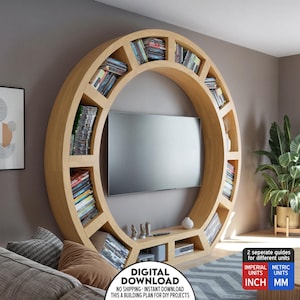 Pode incluir: Um plano de download digital para uma estante circular de bricolage com prateleiras para livros e mídia. A estante é feita de madeira e tem um design moderno. O plano inclui dois guias separados para unidades imperiais e métricas.