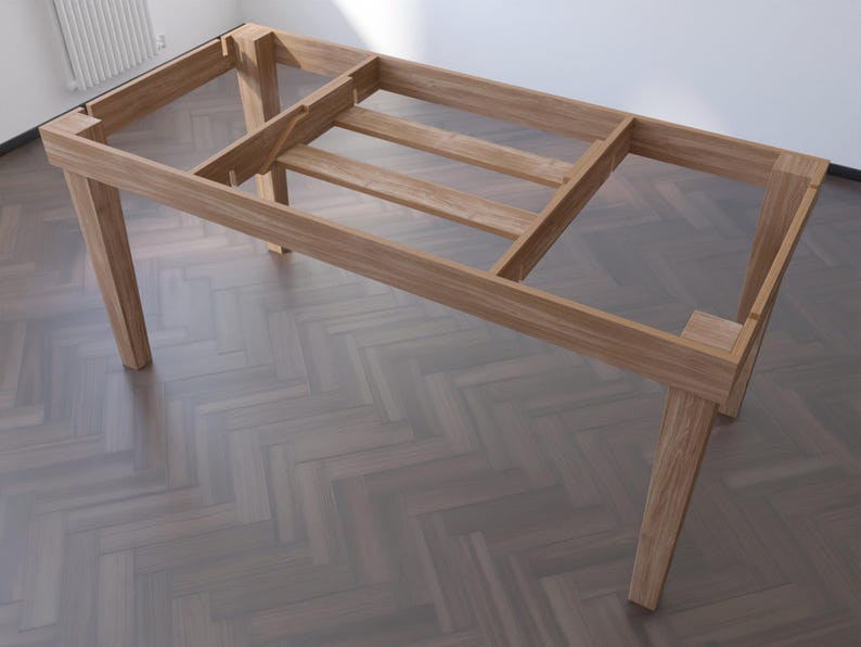 May include: A wooden table frame with four legs and a slatted design. The frame is made of unfinished wood and has a rectangular shape.