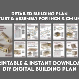May include: A digital building plan for a Murphy workbench, featuring a cutlist and assembly instructions for inch and cm units. The document includes multiple pages of diagrams and text, presented as a printable and instant download DIY guide.