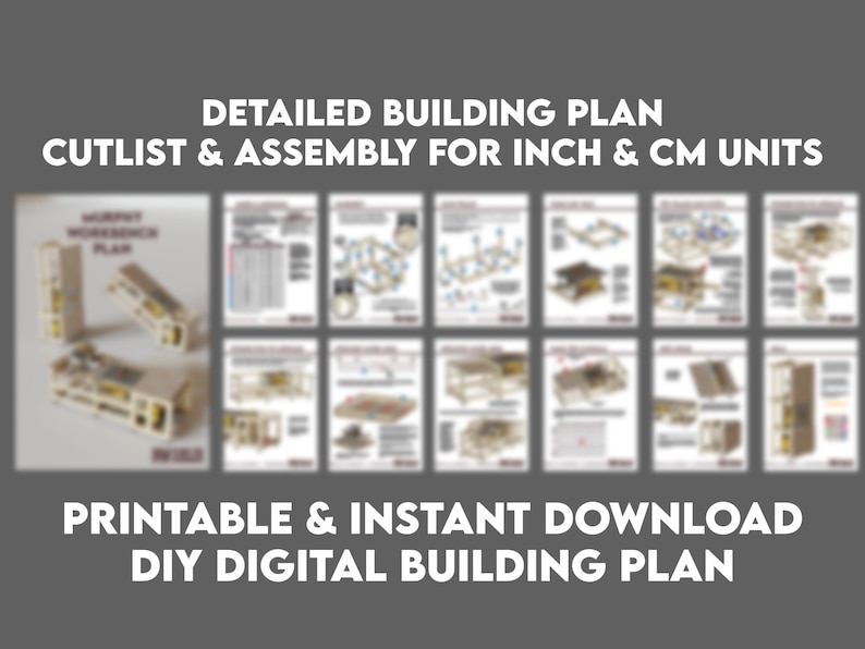 May include: A digital building plan for a Murphy workbench, featuring a cutlist and assembly instructions for inch and cm units. The document includes multiple pages of diagrams and text, presented as a printable and instant download DIY guide.