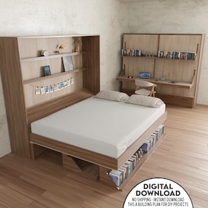 DIY-opklapbedplan met bureau en planken, plan om een opklapbed te bouwen, pdf-afdrukbare gids, doe-het-zelf-houtbewerkingsproject, CNC of houtsnijden