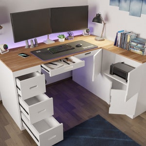 DIY Wooden Desk Building Plan, Computer Desk Plan For Office or Gamers, Project Cut Plan Gaming Desk Setup, Desk With Drawers and Cabinet image 4