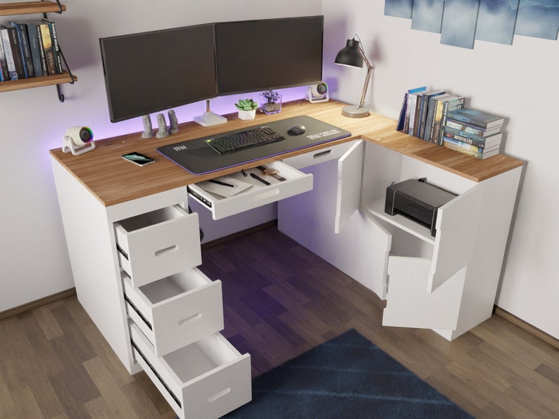 DIY Wooden Desk Building Plan: Gaming Desk With Drawers & Cabinet ...