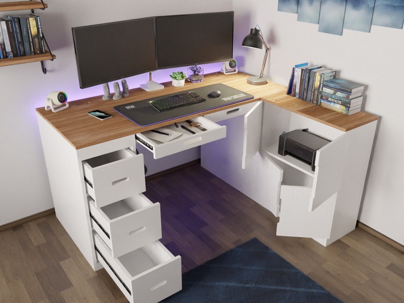 DIY Wooden Desk Building Plan, Computer Desk Plan For Office or Gamers, Project Cut Plan Gaming Desk Setup, Desk With Drawers and Cabinet image 4