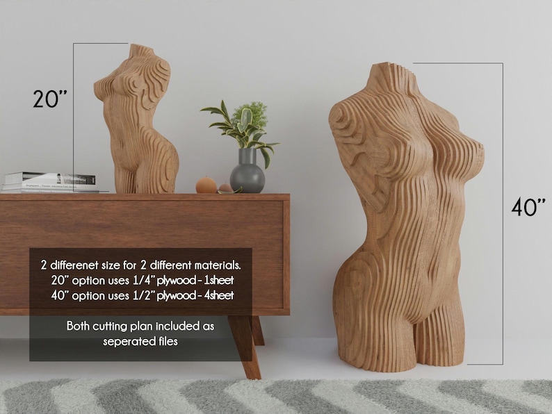 May include: Two wooden sculptures of a human torso, one 20 inches tall and the other 40 inches tall. Both sculptures are made of plywood and have a layered, textured design.