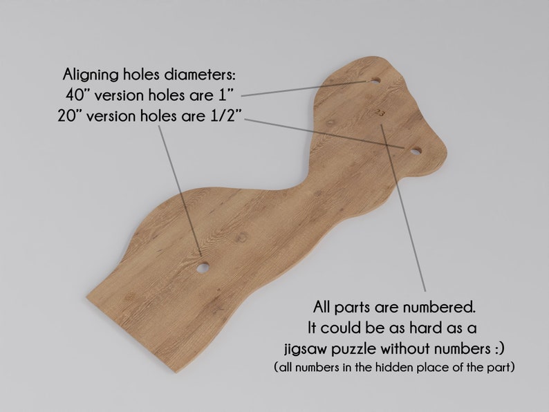 May include: A wooden puzzle with a unique shape and multiple holes. The puzzle is numbered and has instructions that say "All parts are numbered. It could be as hard as a jigsaw puzzle without numbers :) (all numbers in the hidden place of the part)". The holes are 1 inch in diameter for the 40" version and 1/2 inch in diameter for the 20" version.