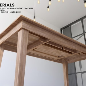 May include: A wooden table with a slatted design underneath the tabletop. The table is made from 132" 4x4 wood and a sheet of plywood. The materials list includes 8 dowels, screws, and wood glue.