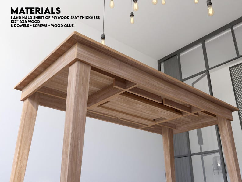 May include: A wooden table with a slatted design underneath the tabletop. The table is made from 132" 4x4 wood and a sheet of plywood. The materials list includes 8 dowels, screws, and wood glue.