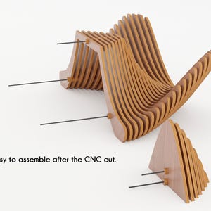 May include: A wooden chair with a unique, layered design. The chair is made of light brown wood and features a curved back and seat. The chair is shown disassembled with black rods for assembly. Text: Easy to assemble after the CNC cut.