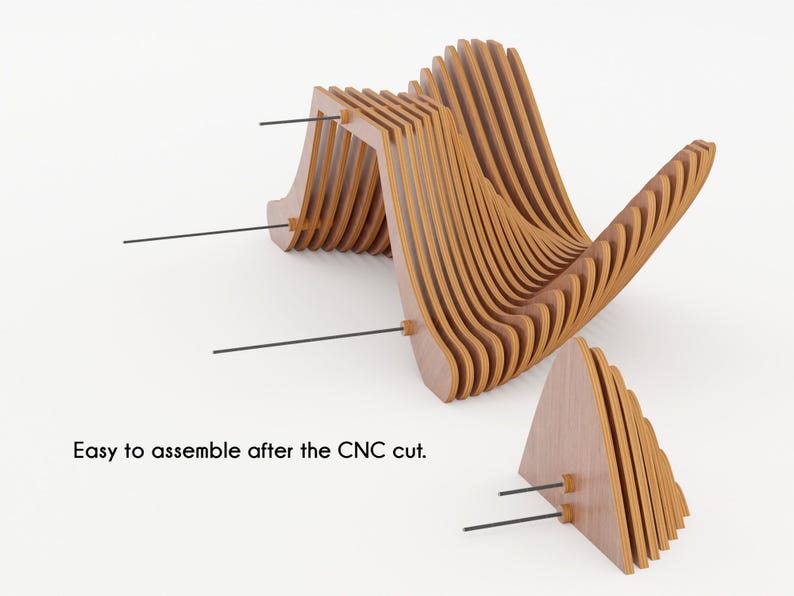 May include: A wooden chair with a unique, layered design. The chair is made of light brown wood and features a curved back and seat. The chair is shown disassembled with black rods for assembly. Text: Easy to assemble after the CNC cut.