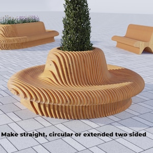 May include: A wooden bench with a curved design, perfect for a park or garden. The bench is made of natural wood and has a warm, inviting feel.