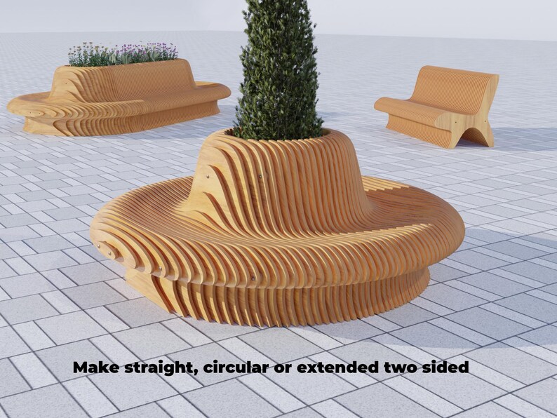 May include: A wooden bench with a curved design, perfect for a park or garden. The bench is made of natural wood and has a warm, inviting feel.