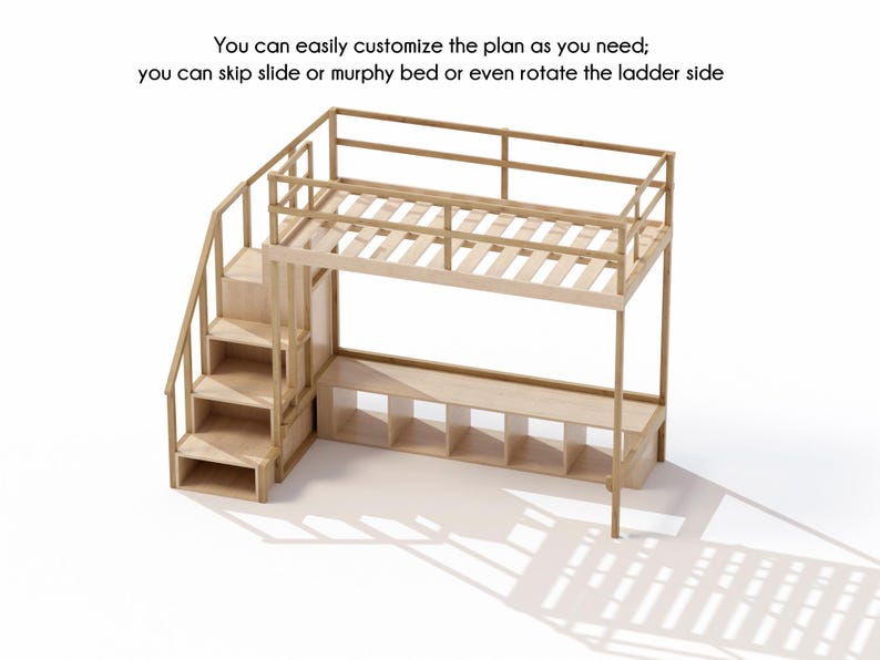 May include: A light-colored wooden bunk bed with a staircase on the left side and a lower level with cubby storage. The top bunk has a railing. Text on the image says, "You can easily customize the plan as you need; you can skip slide or murphy bed or even rotate the ladder side."