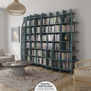May include: A blue, modern, modular bookshelf with a wavy design. The bookshelf is filled with books and decorative objects. The bookshelf is in a living room setting with a rug, coffee table, and chair.