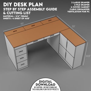 Plano de construção de mesa de madeira faça você mesmo, plano de mesa de computador para escritório ou jogadores, plano de corte de projeto para configuração de mesa de jogos, mesa com gavetas e armário
