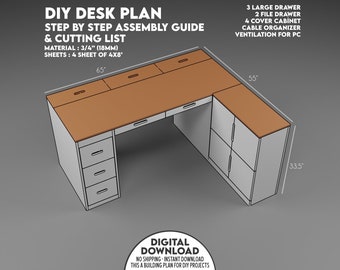 DIY Wooden Desk Building Plan, Computer Desk Plan For Office or Gamers, Project Cut Plan Gaming Desk Setup, Desk With Drawers and Cabinet