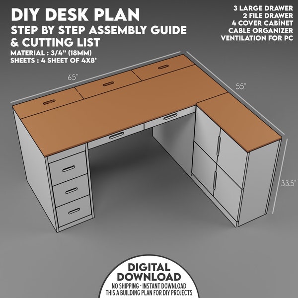 Plan de construction de bureau en bois à faire soi-même, plan de bureau d'ordinateur pour bureau ou joueurs, projet d'aménagement de bureau de jeu, bureau avec tiroirs et armoire