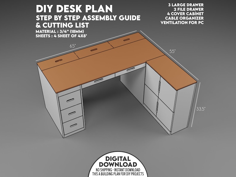 Plan de construction de bureau en bois à faire soi-même, plan de bureau d'ordinateur pour bureau ou joueurs, projet d'aménagement de bureau de jeu, bureau avec tiroirs et armoire image 1