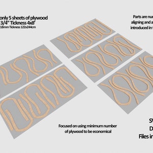 K&ouml;nnte beinhalten: Diagramm, das zeigt, wie man f&uuml;nf Bl&auml;tter 1,9 cm dickes Sperrholz schneidet, um ein komplexes Design zu erstellen. Das Design besteht aus geschwungenen Linien und Formen. Der Text "Teile sind nummeriert, Ausrichtung und Montage, im Handbuch vorgestellt" befindet sich oben im Bild. Der Text "Konzentriert auf die Verwendung der minimalen Anzahl an Sperrholz, um wirtschaftlich zu sein" befindet sich unten im Bild. Der Text "SVG DXF Dateien enthalten" befindet sich unten rechts im Bild.