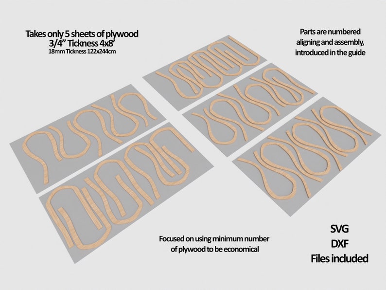 K&ouml;nnte beinhalten: Diagramm, das zeigt, wie man f&uuml;nf Bl&auml;tter 1,9 cm dickes Sperrholz schneidet, um ein komplexes Design zu erstellen. Das Design besteht aus geschwungenen Linien und Formen. Der Text "Teile sind nummeriert, Ausrichtung und Montage, im Handbuch vorgestellt" befindet sich oben im Bild. Der Text "Konzentriert auf die Verwendung der minimalen Anzahl an Sperrholz, um wirtschaftlich zu sein" befindet sich unten im Bild. Der Text "SVG DXF Dateien enthalten" befindet sich unten rechts im Bild.