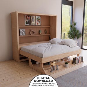 DIY Murphy Bed Plan With Desk & Shelves Horizontal (Full, Queen and King Sizes)