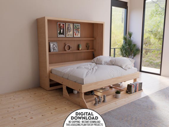 DIY Murphy Bed Plan With Desk & Shelves Horizontal (Full, Queen and King Sizes)