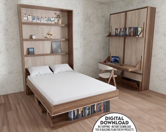 DIY Murphy Bed Plan With Desk & Shelves, Plan to Build a Murphy Bed, Pdf Printable Guide, DIY Woodworking Project, CNC or Wood Cutting