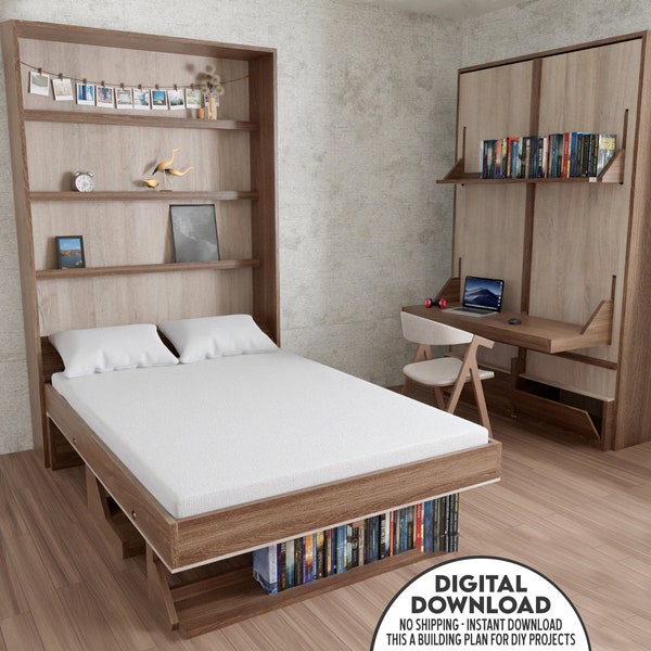 DIY Murphy Bed Plan With Desk & Shelves, Plan to Build a Murphy Bed, Pdf Printable Guide, DIY Woodworking Project, CNC or Wood Cutting