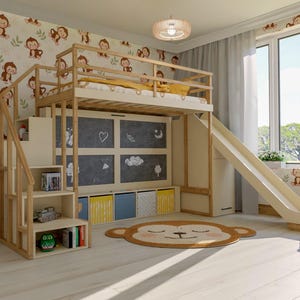 May include: A children's bedroom featuring a wooden loft bed with a slide, stairs, and chalkboard panels. The room has a monkey-themed wallpaper, a monkey-shaped rug, and colorful storage bins. The bed is approximately 75 inches long.