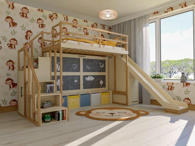 May include: A children's bedroom featuring a wooden loft bed with a slide, stairs, and chalkboard panels. The room has a monkey-themed wallpaper, a monkey-shaped rug, and colorful storage bins. The bed is approximately 75 inches long.