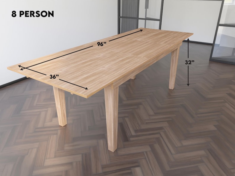 May include: A light wood dining table with a 96-inch length and 36-inch width. The table has four legs and is 32 inches tall. The table is labeled "8 PERSON".