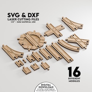 May include: A set of 16 different laser-cut train track modules made of wood. The modules are designed for use with 1/8 inch or 3mm thick material. The digital download includes SVG and DXF files for laser cutting.