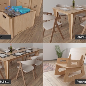 Pu&ograve; includere: Un set di mobili in legno, tra cui una cassa, un tavolo da pranzo per quattro persone, un tavolo da pranzo per sei persone e una sedia a dondolo. I mobili sono realizzati in legno chiaro e hanno un design semplice e moderno.