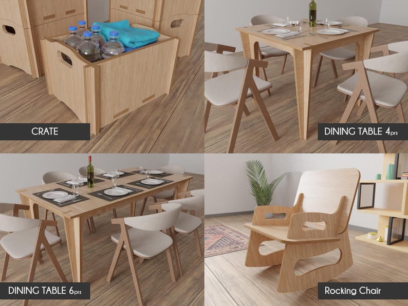 Pu&ograve; includere: Un set di mobili in legno, tra cui una cassa, un tavolo da pranzo per quattro persone, un tavolo da pranzo per sei persone e una sedia a dondolo. I mobili sono realizzati in legno chiaro e hanno un design semplice e moderno.