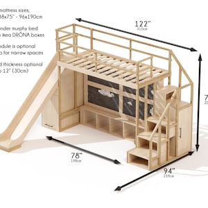 May include: A wooden bunk bed with a slide and stairs. The bed is 122 inches (310cm) long, 79 inches (201cm) high, and 94 inches (239cm) wide. The slide is on the left, and stairs are on the right. The bed has shelves and a chalkboard.