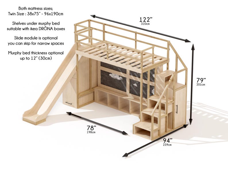 May include: A wooden bunk bed with a slide and stairs. The bed is 122 inches (310cm) long, 79 inches (201cm) high, and 94 inches (239cm) wide. The slide is on the left, and stairs are on the right. The bed has shelves and a chalkboard.